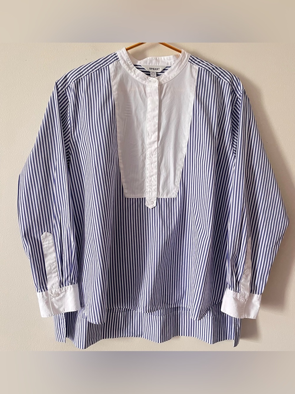 SPANX Blue & White Striped Bib-Front 100% Cotton PopoverShirt Large